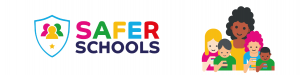 Safer Schools logo and illustrations of for children holding phones with black lady standing behind them