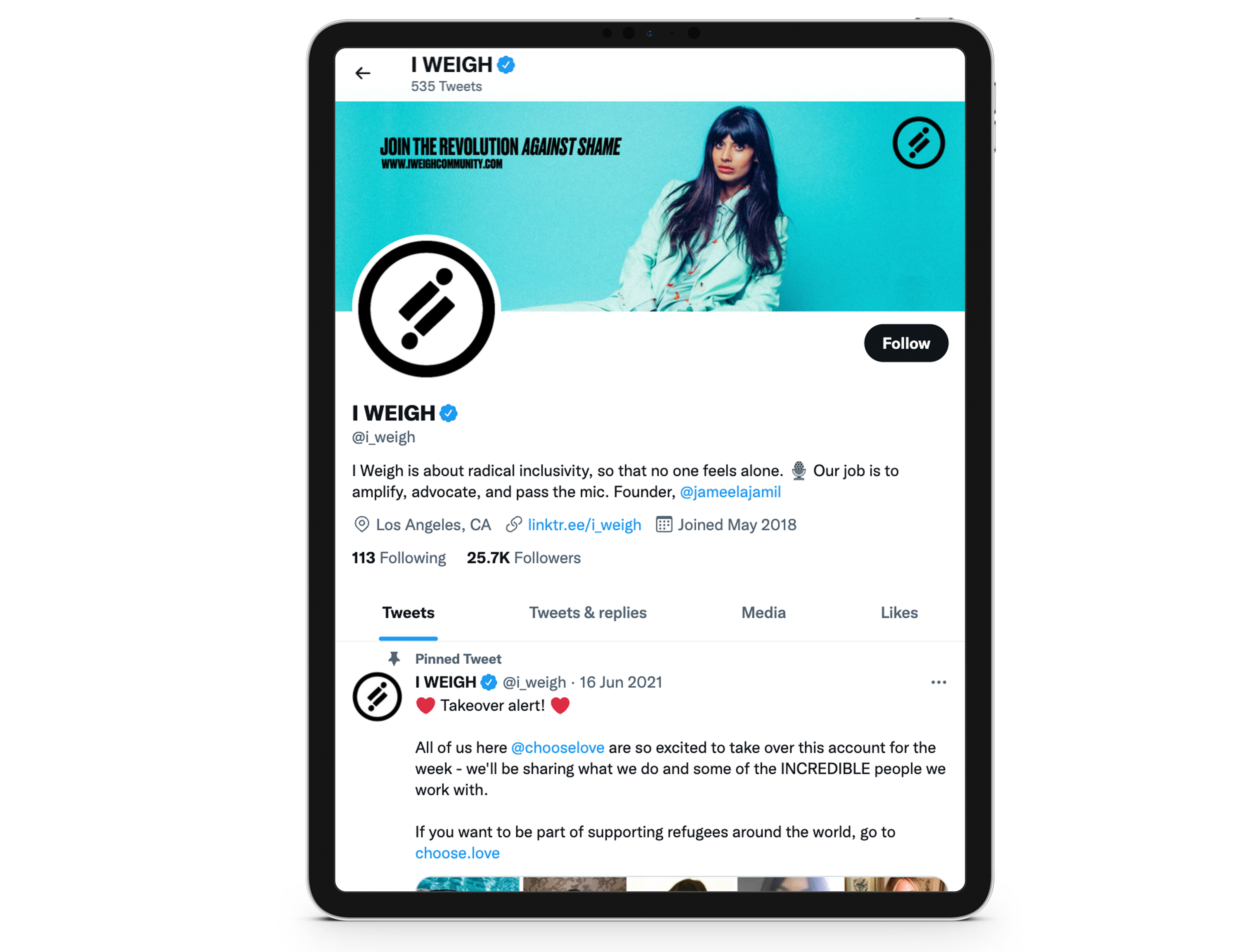 iPad screen showing I WEIGHS twitter page by Jameela Jamil