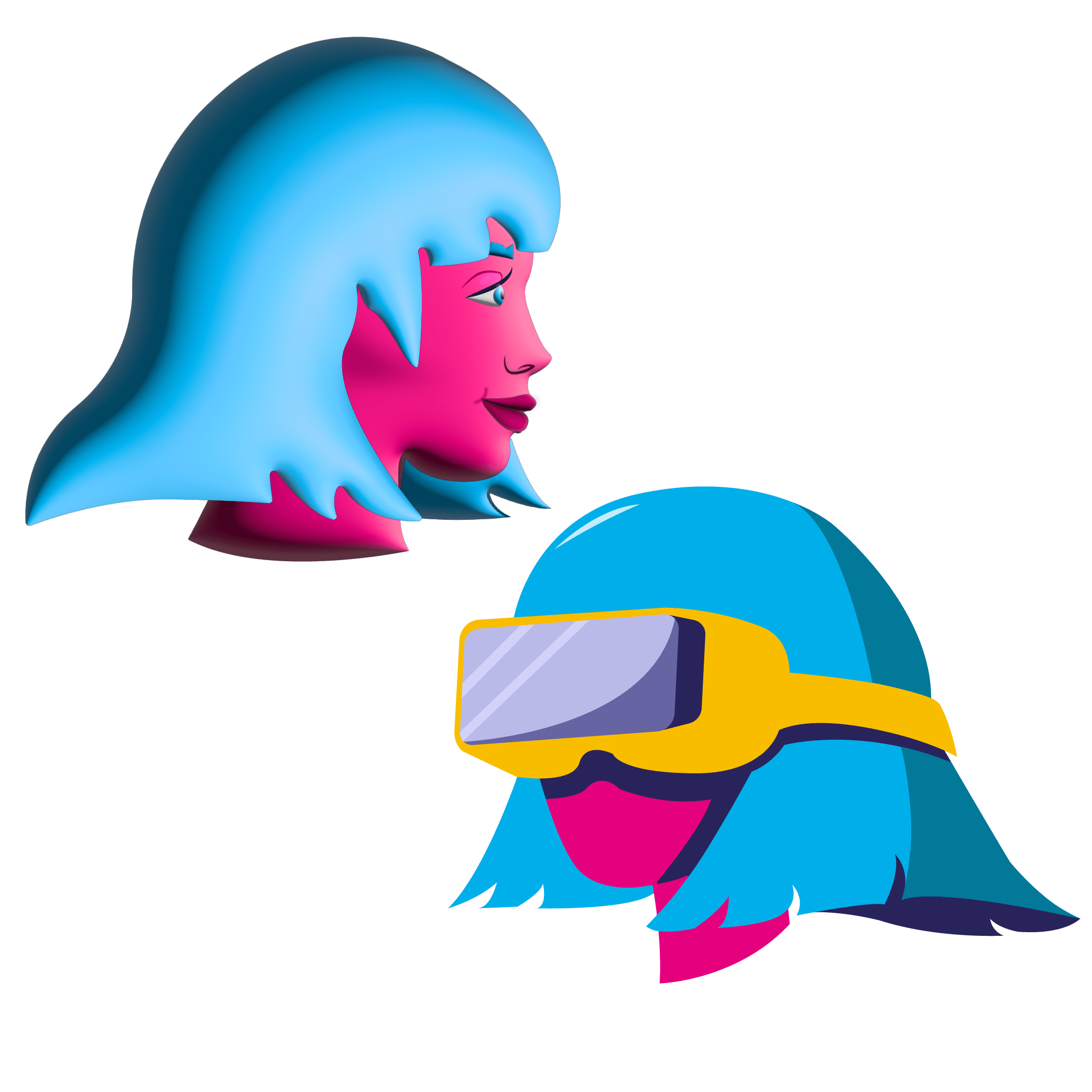 3D Avatar and Illustration of a girl wearing a VR headset