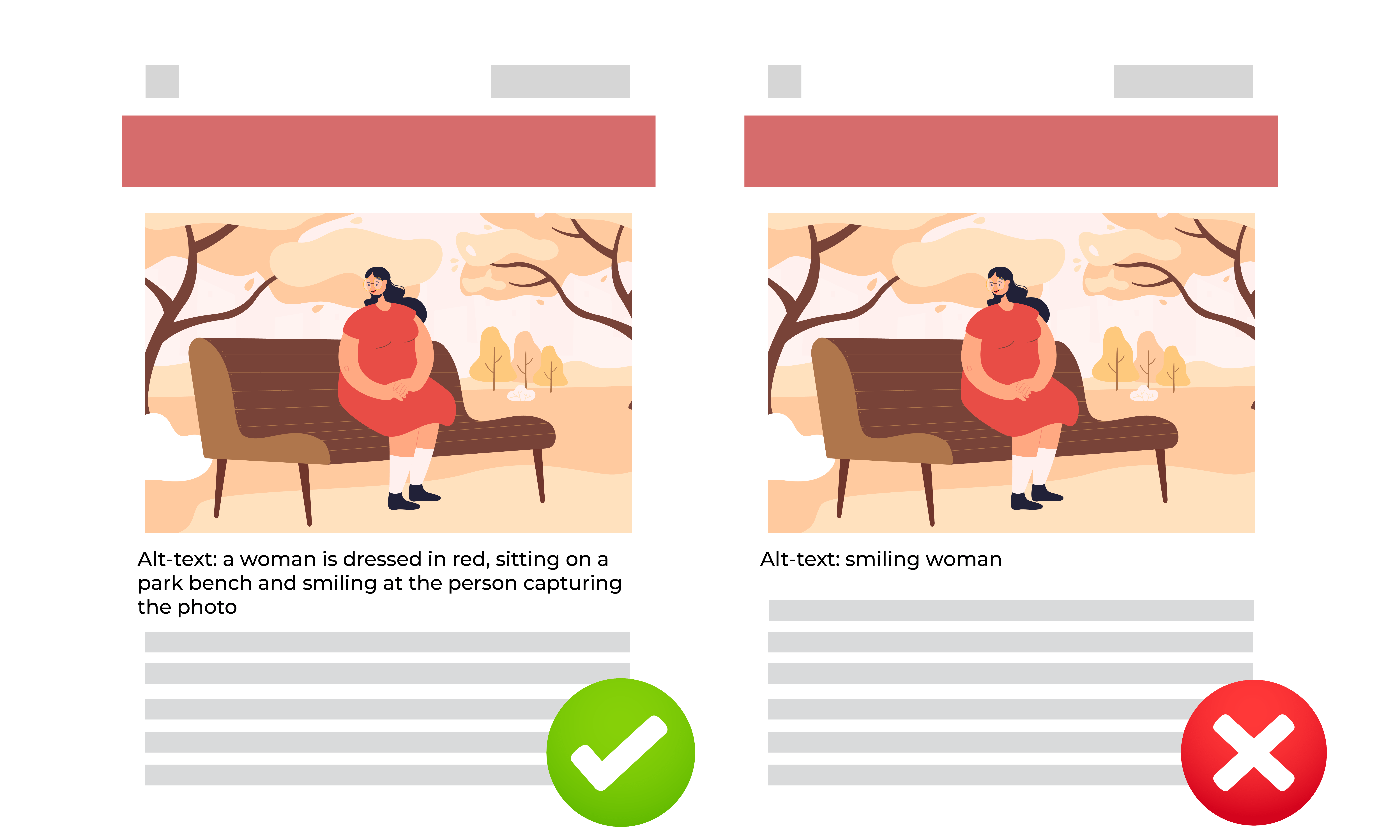 illustration showing the difference between the good example of alt text of the woman sitting on the park bench versus the bad example