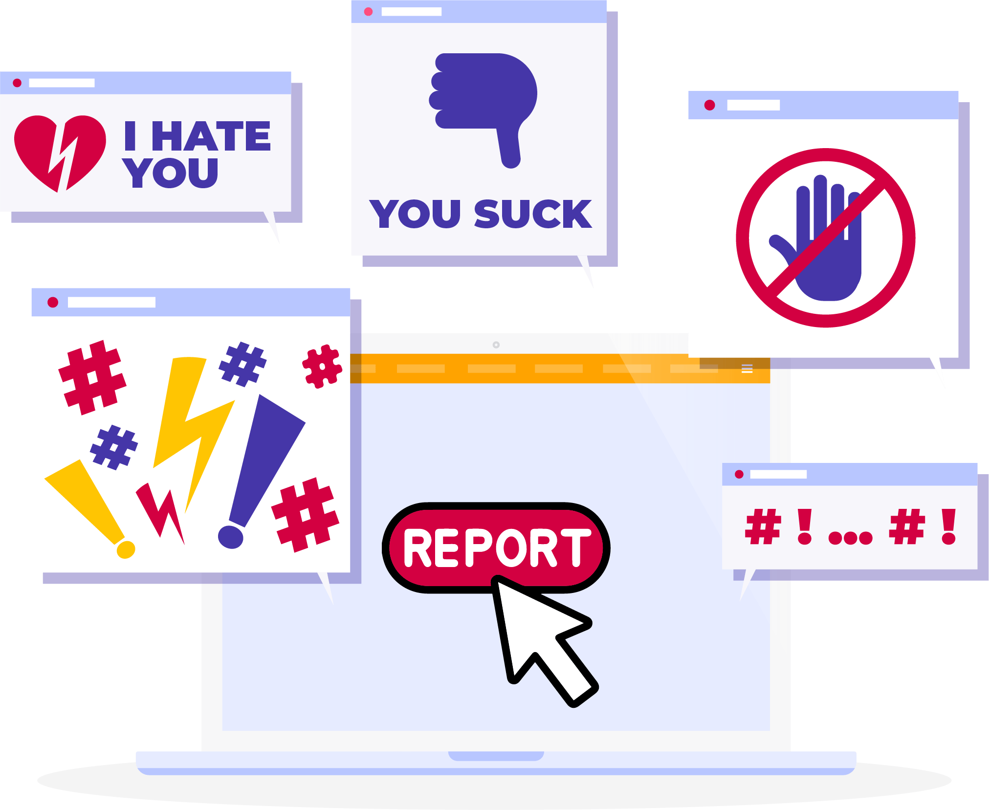 Illustration of a laptop with the report button and pop out windows of online abuse