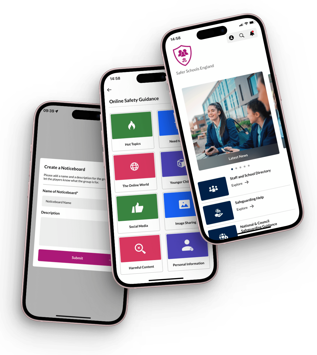 mock up of the safer schools england app showing the online safety guidance page and create a noticeboard page